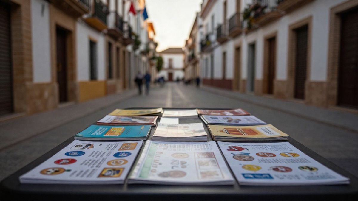 Imagen ilustrativa: mesa informativa con folletos y libros de idiomas en una calle andaluza al atardecer