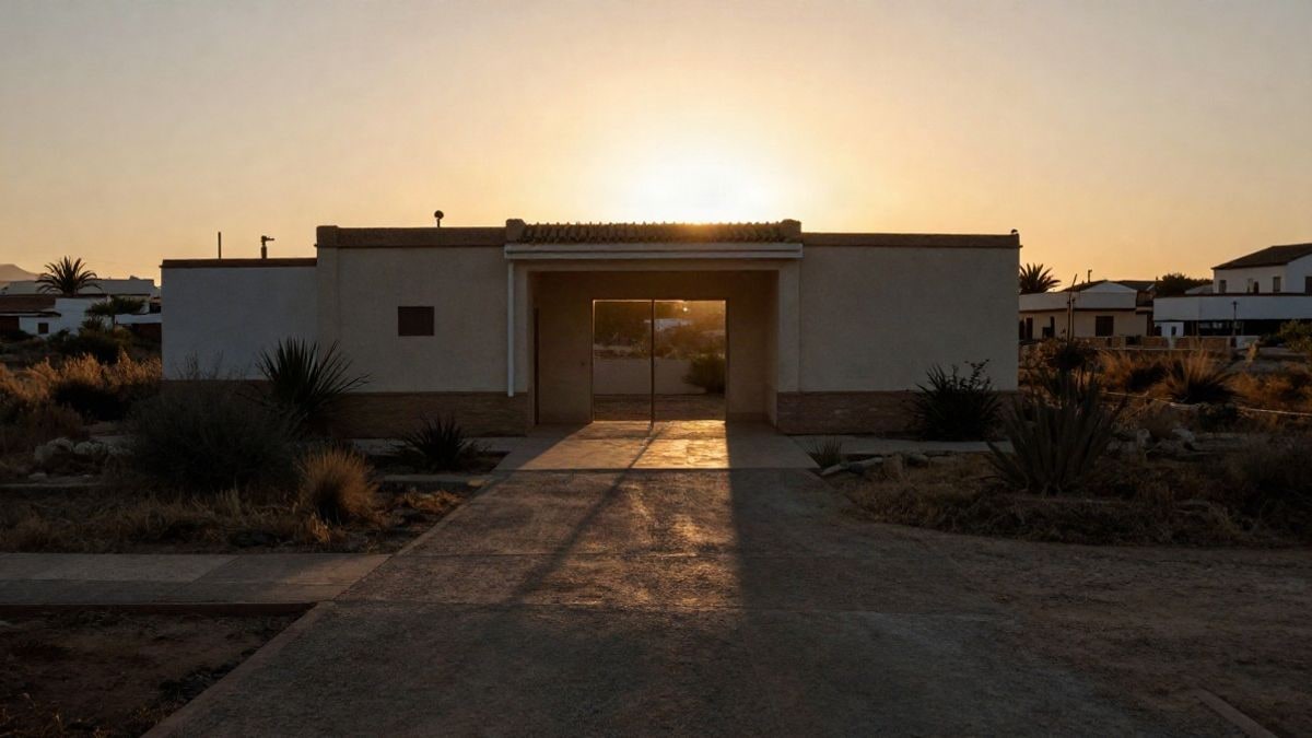 Illustrative image: generic residential building in scrubland area at sunset with long shadows