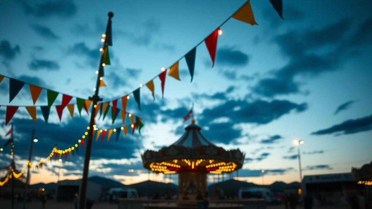 Imagen ilustrativa: recinto ferial con luces y banderines al atardecer, con el cielo de fondo