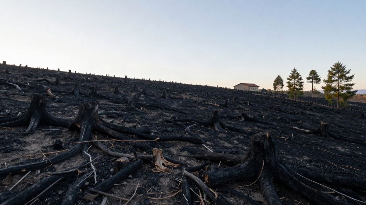 Imagen ilustrativa: ladera forestal calcinada tras un incendio, con algunos árboles verdes supervivientes junto a una casa de piedra al fondo