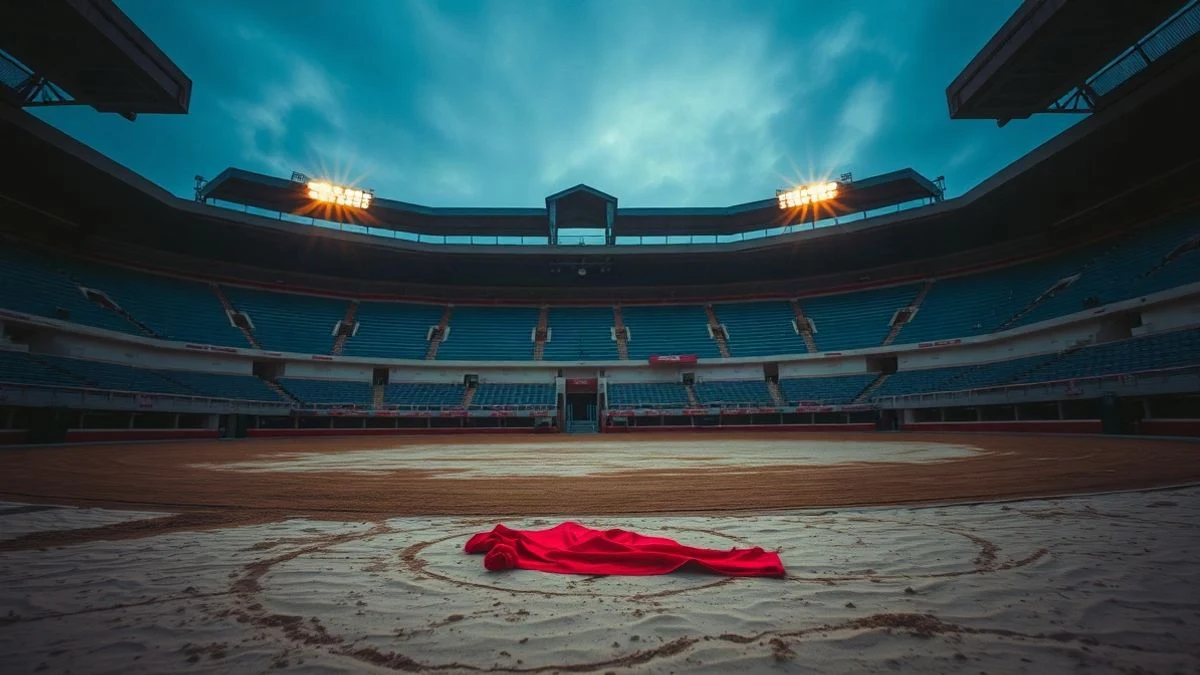 Imagen ilustrativa: un ruedo de una plaza de toros al atardecer, con un capote rojo sobre la arena y las gradas vacías.
