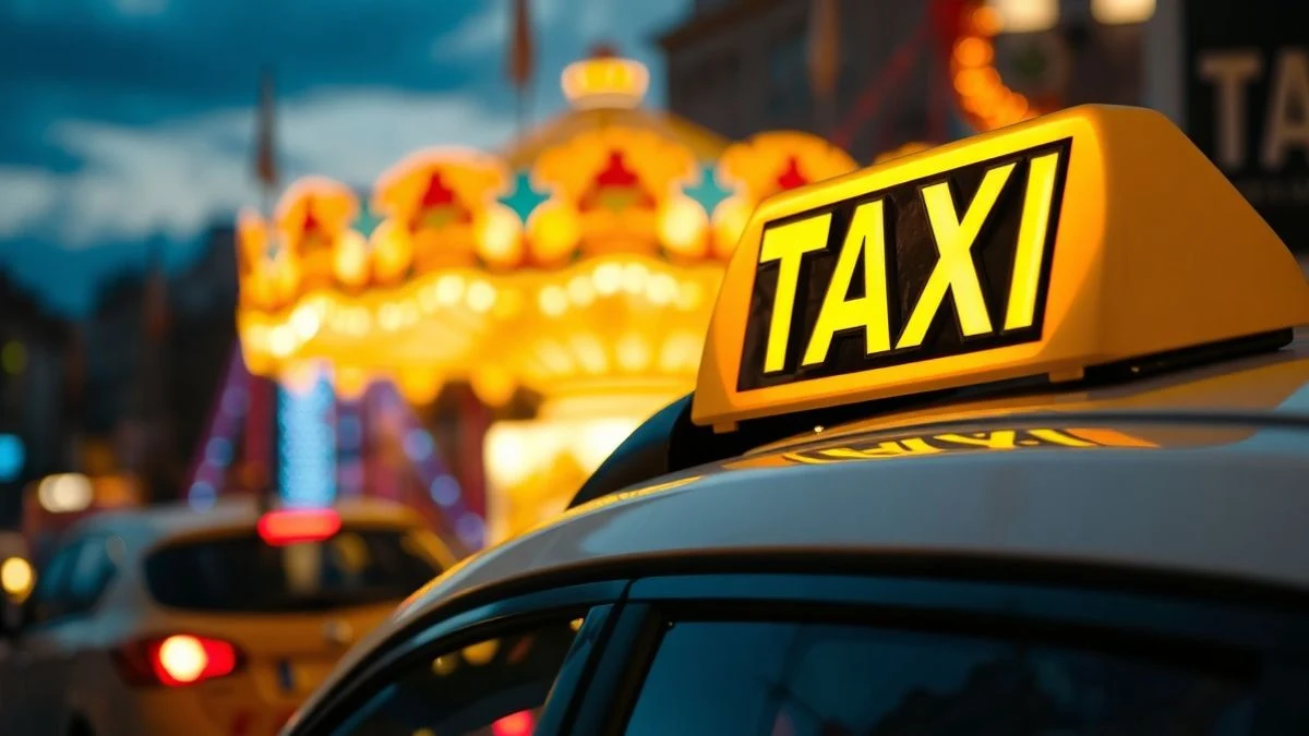 Imagen ilustrativa: primer plano del letrero luminoso de un taxi con luces de feria desenfocadas al fondo.