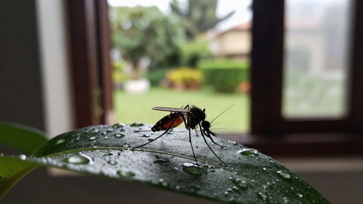 Illustrative image: a mosquito resting on a leaf with water droplets, illuminated by side light.