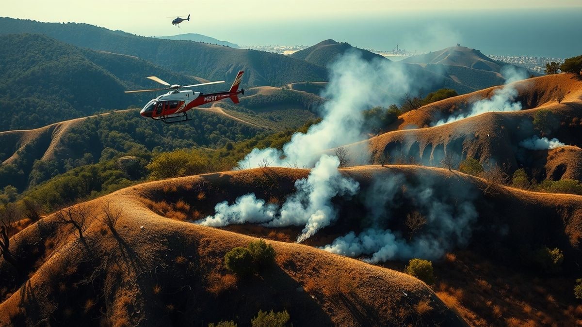 Imagen ilustrativa: vista aérea de una ladera con tierra quemada y humo, con un helicóptero descargando agua en la lejanía