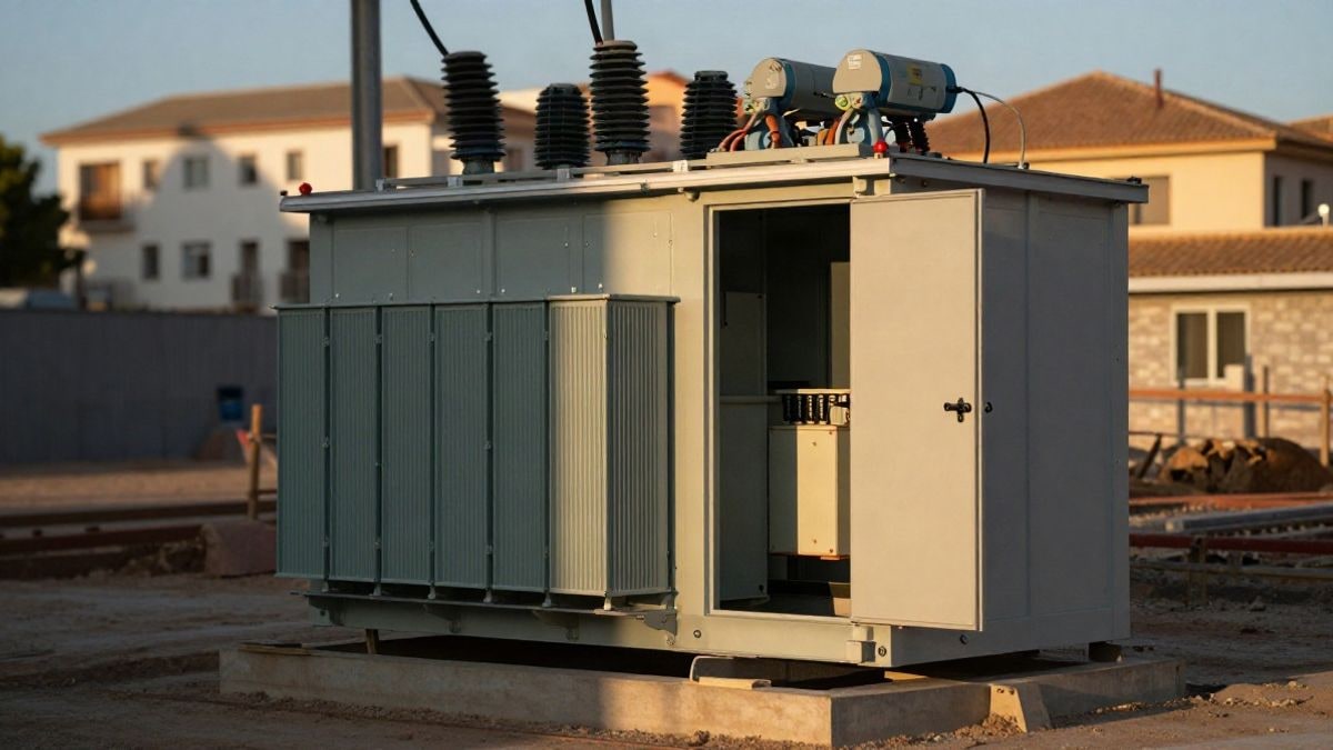 Illustrative image: prefabricated modular building of an electrical transformer centre under construction, with high voltage equipment