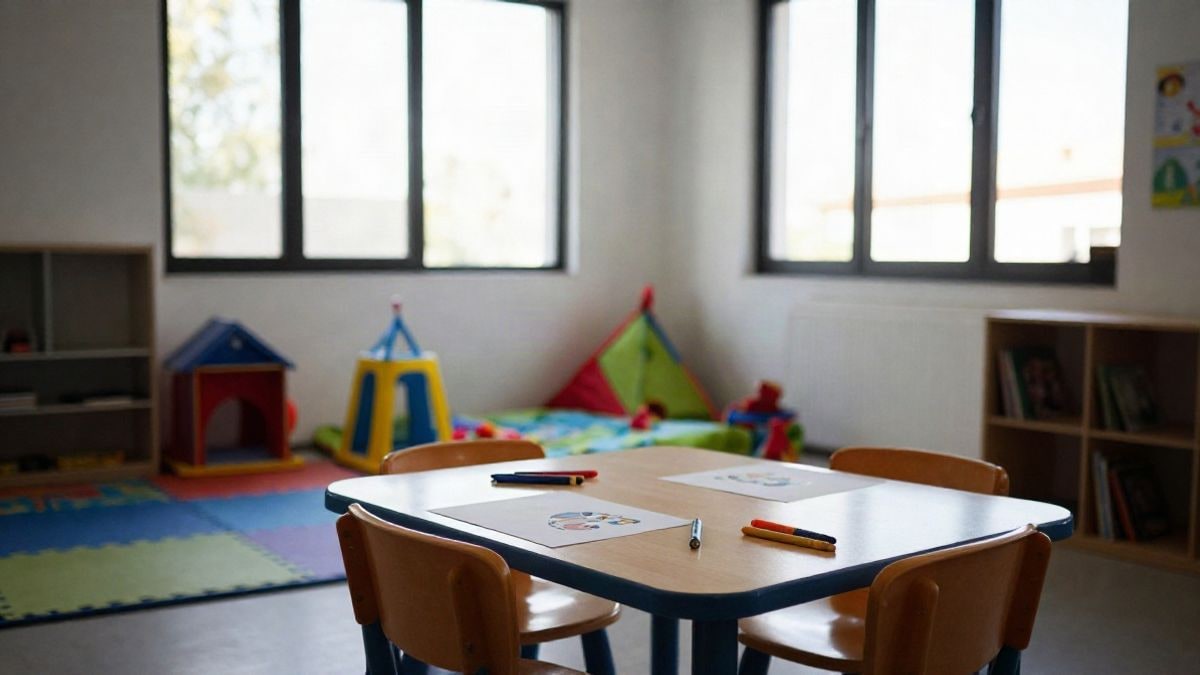 Illustrative image: nursery school classroom with small tables and chairs, educational toys and natural light coming through the windows.