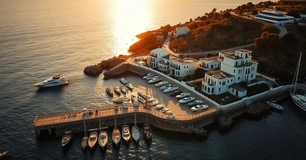 Vista aérea de la costa mediterránea con villas blancas de lujo y un puerto deportivo al atardecer