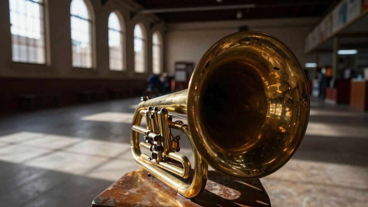 Illustrative image: a brass instrument on a wooden chair next to a tall window at sunset
