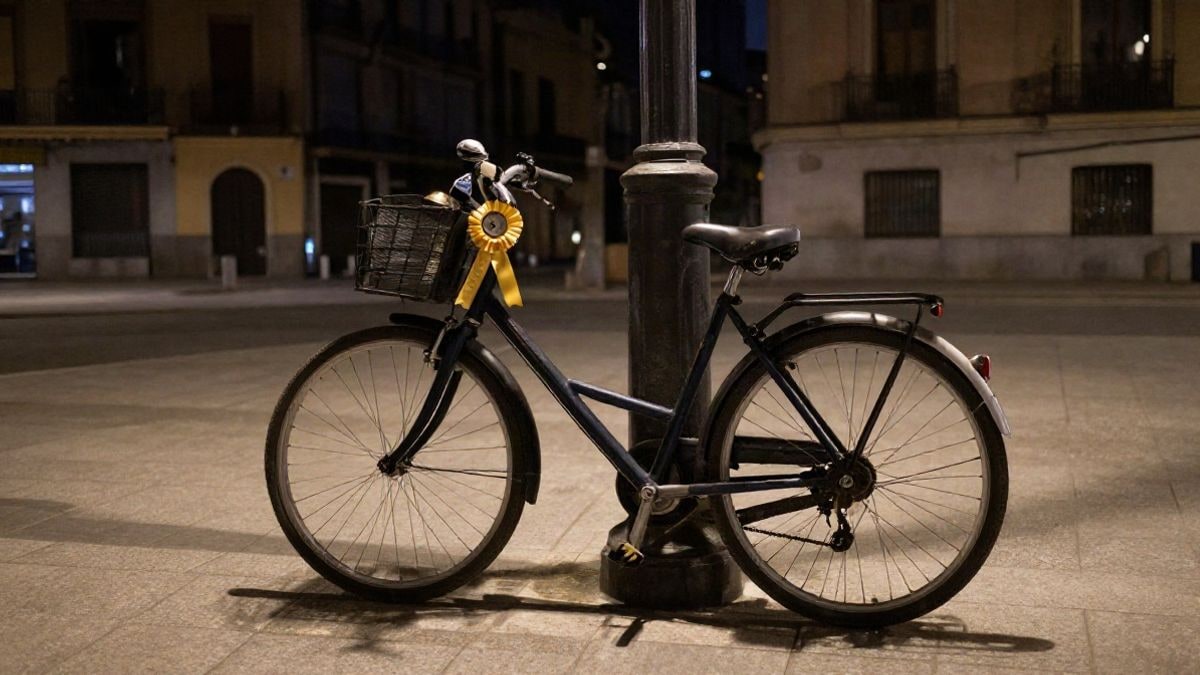 Imagen ilustrativa: una bicicleta aparcada bajo una farola en una plaza urbana durante la noche