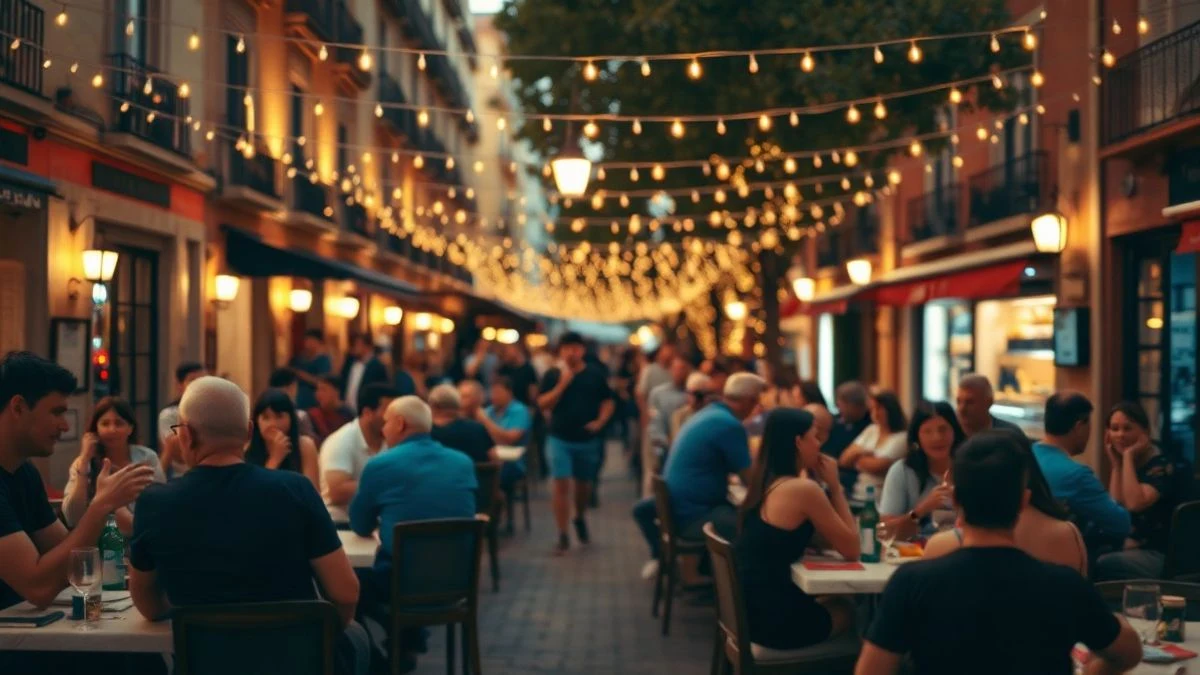 Imagen ilustrativa: terraza de un bar con luces y ambiente festivo al atardecer.