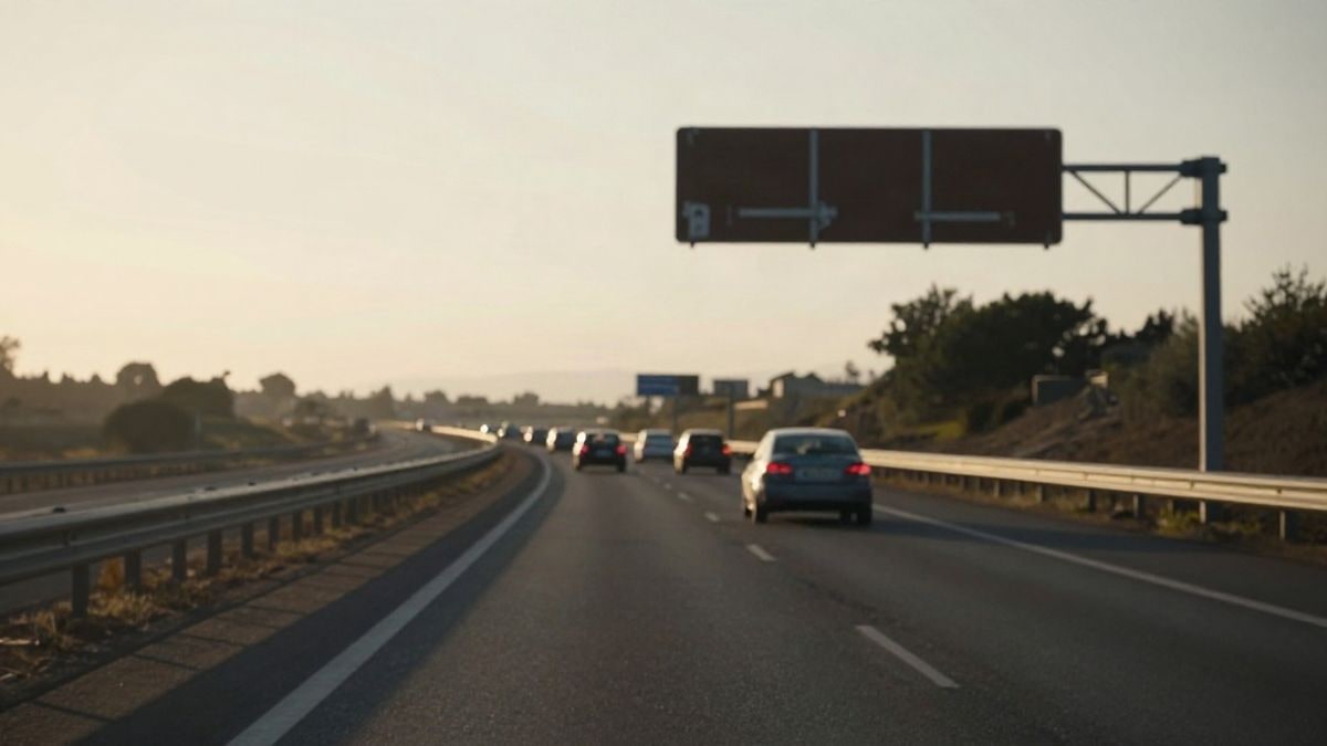 Illustrative image: a Spanish motorway at dawn with blurred vehicle lights and elevated signage