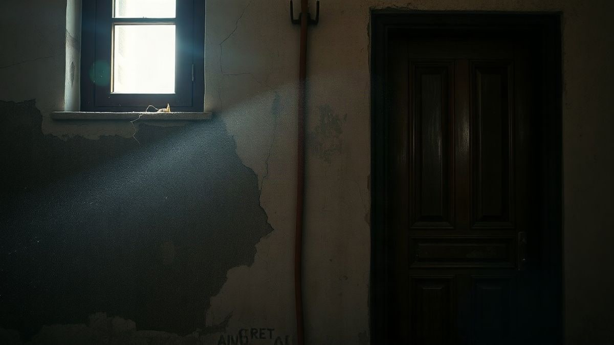 Imagen ilustrativa: una pared agrietada con un marco de puerta en un edificio antiguo, con polvo en el aire y luz natural entrando por una ventana.