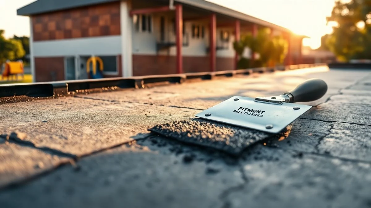 Illustrative image: detail of a flat roof with deteriorated waterproofing membrane and a repaired area with bituminous material.