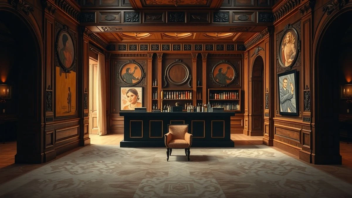 Illustrative image: interior of a luxury suite with pisco bar and DJ booth, dark decor and velvets