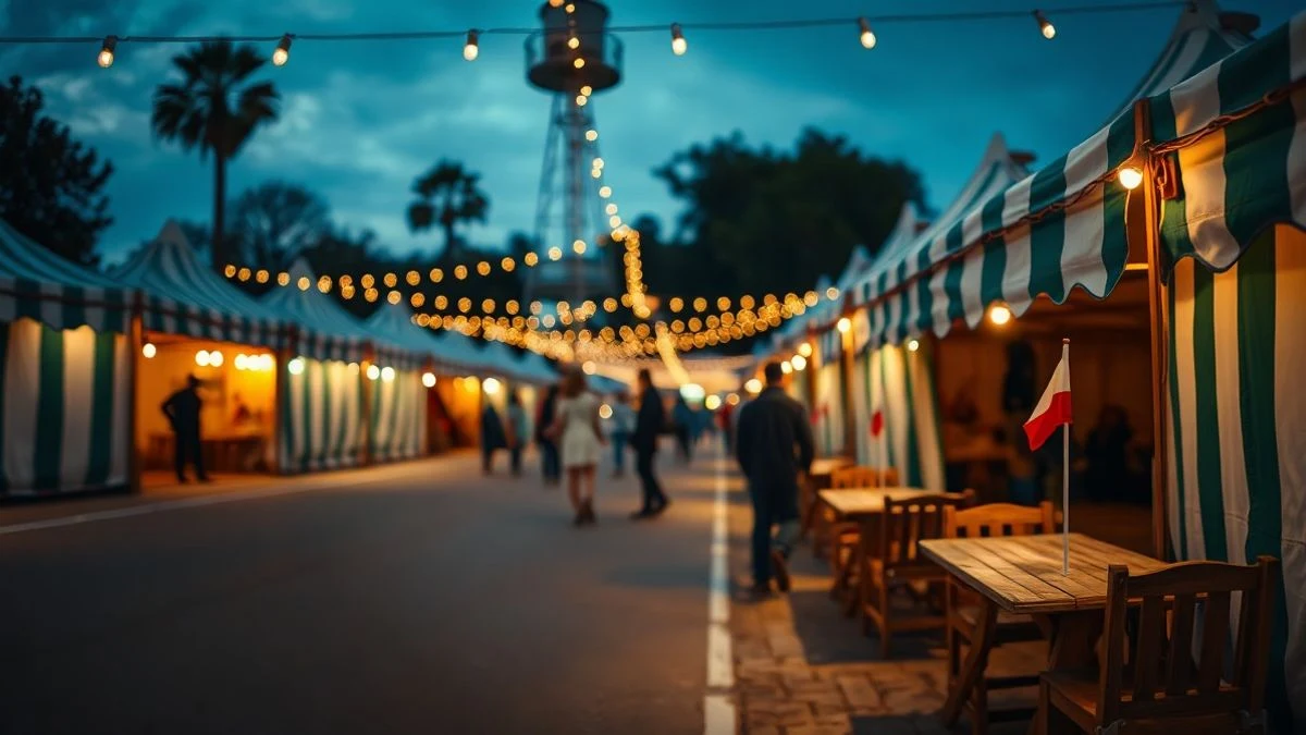 Imagen ilustrativa: casetas tradicionales de feria vacías al atardecer, con luces cálidas de fondo