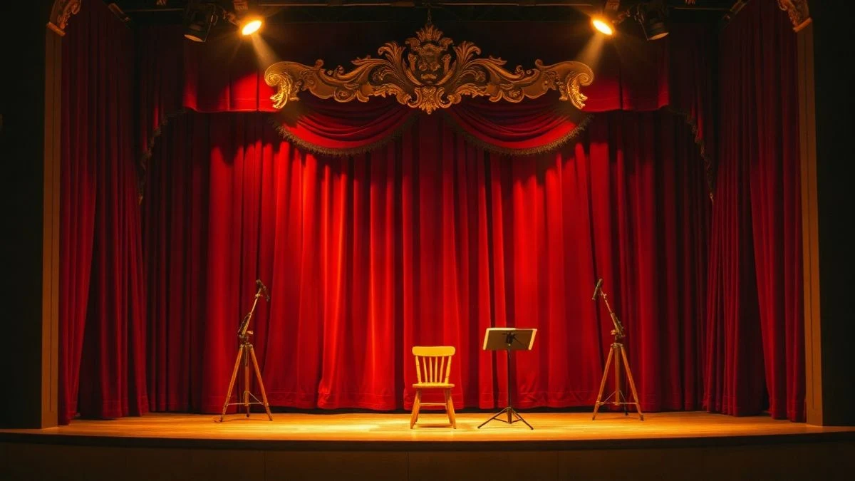 Imagen ilustrativa: un escenario teatral con cortinas rojas y luces cálidas, con una silla y un atril de música en primer plano.