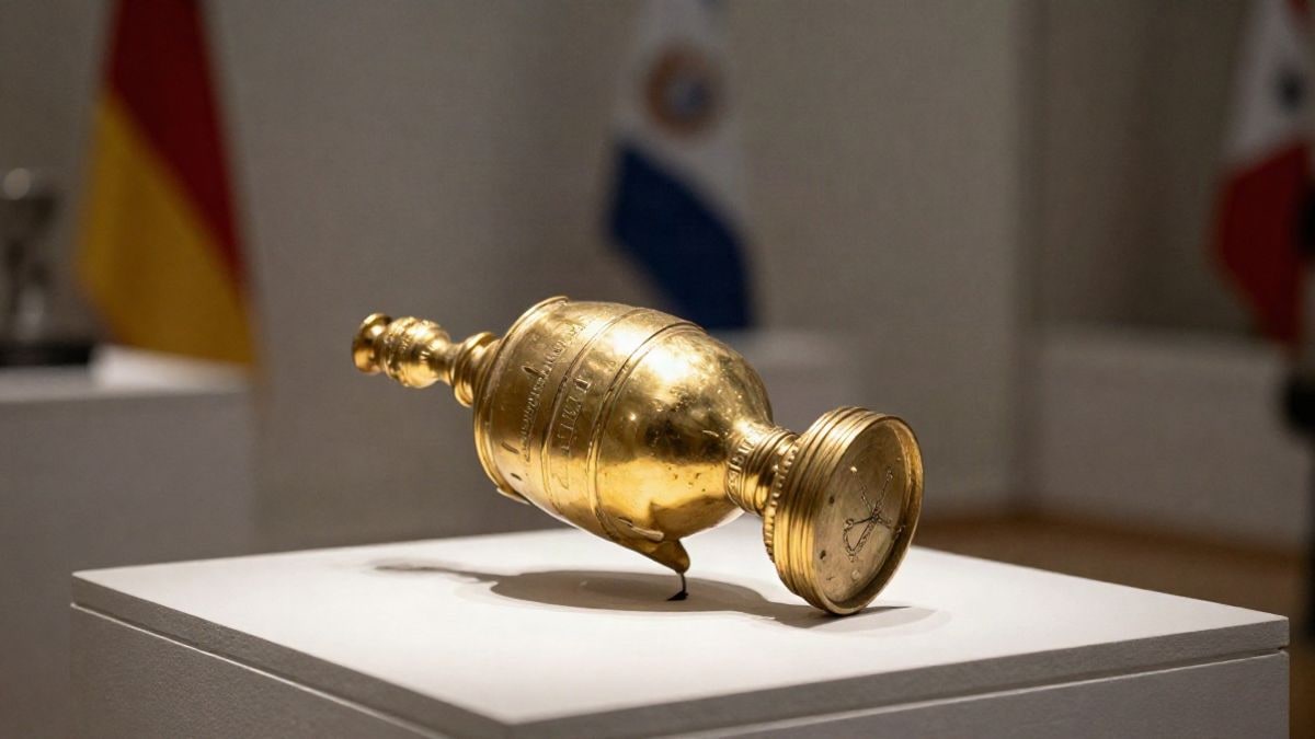 Imagen ilustrativa: réplica de un trofeo dorado sobre un pedestal blanco en un museo, con luz natural y sombras