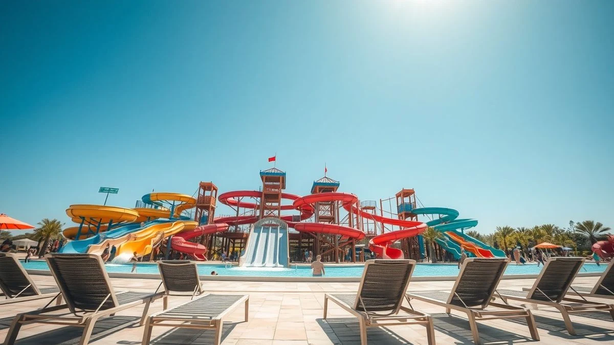 Imagen ilustrativa: vista general de un parque acuático con toboganes de colores y piscinas, sin personas visibles, en un día soleado de verano.