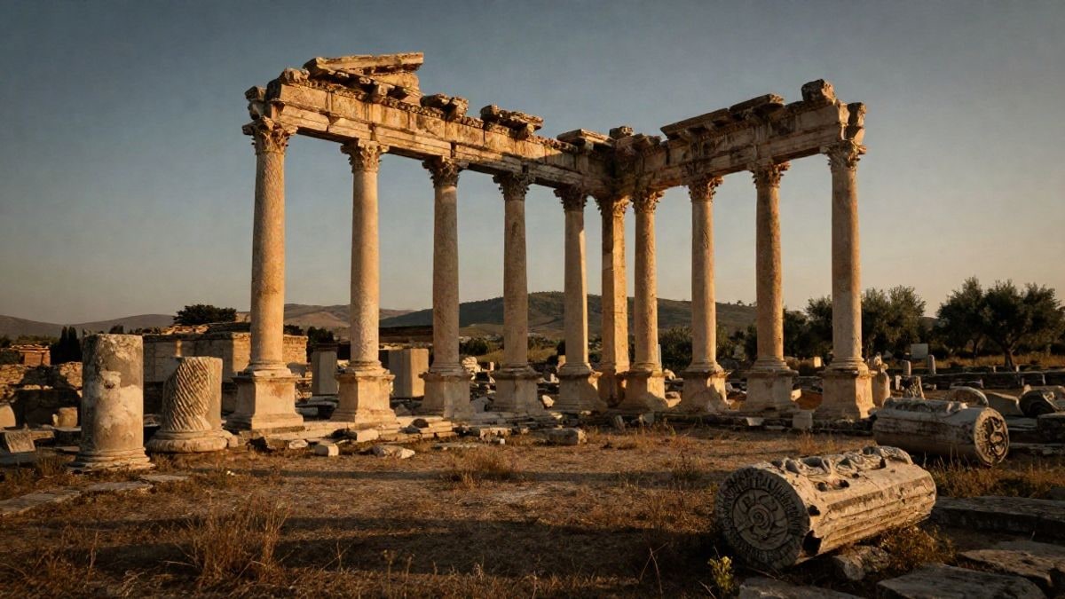 Illustrative image: Roman stone ruins in the sunset, with columns and marble fragments in a dry field.