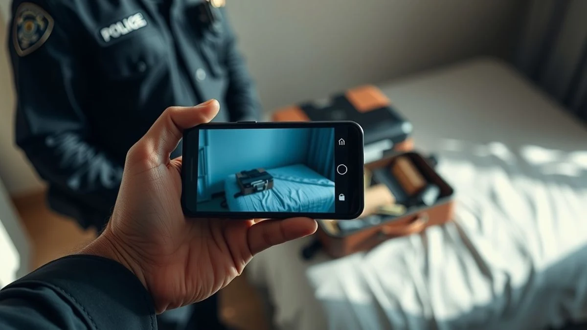 Vista cenital de un teléfono móvil con un vídeo borroso junto a una maleta a medio hacer sobre una cama