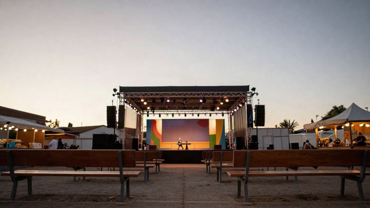 Imagen ilustrativa: escenario al aire libre con luces y bancos vacíos bajo un cielo amplio al atardecer