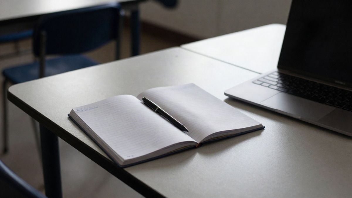 Imagen ilustrativa: vista cenital de un aula con cuaderno, bolígrafo y ordenador portátil sobre una mesa