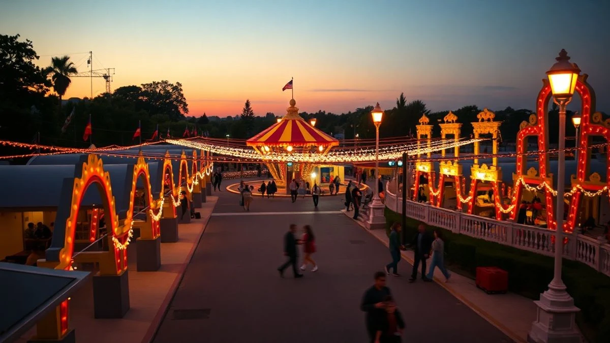 Imagen ilustrativa: recinto ferial iluminado con luces LED al atardecer, con arcos y una gran estructura con cúpula al fondo.