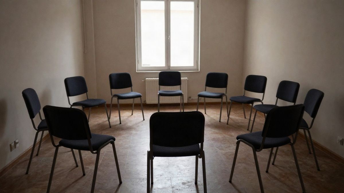 Illustrative image: empty therapy room with chairs in a circle and natural light coming through the window