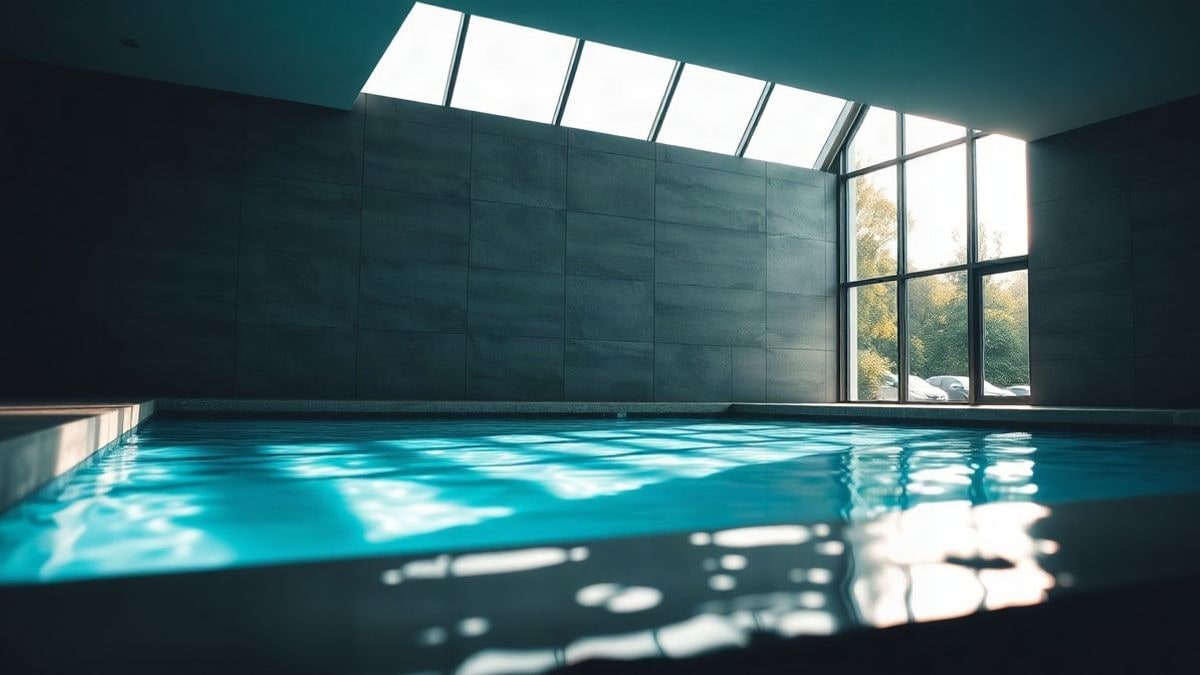 Illustrative image: interior of a covered swimming pool with natural side light