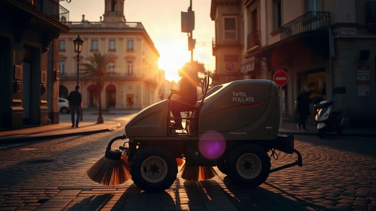 Imagen ilustrativa: una máquina barredora con cepillos giratorios trabajando en una calle adoquinada al atardecer, con sombras largas y luz cálida.