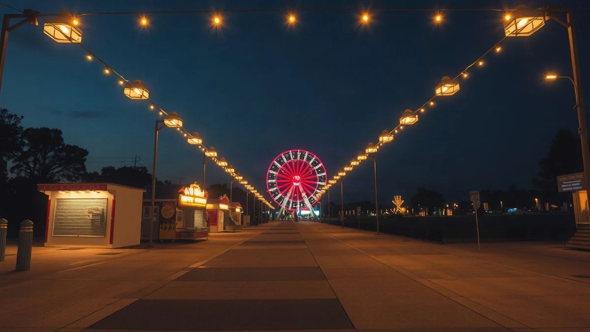 Illustrative image: an empty fairground at dusk with lights and a Ferris wheel in the background.
