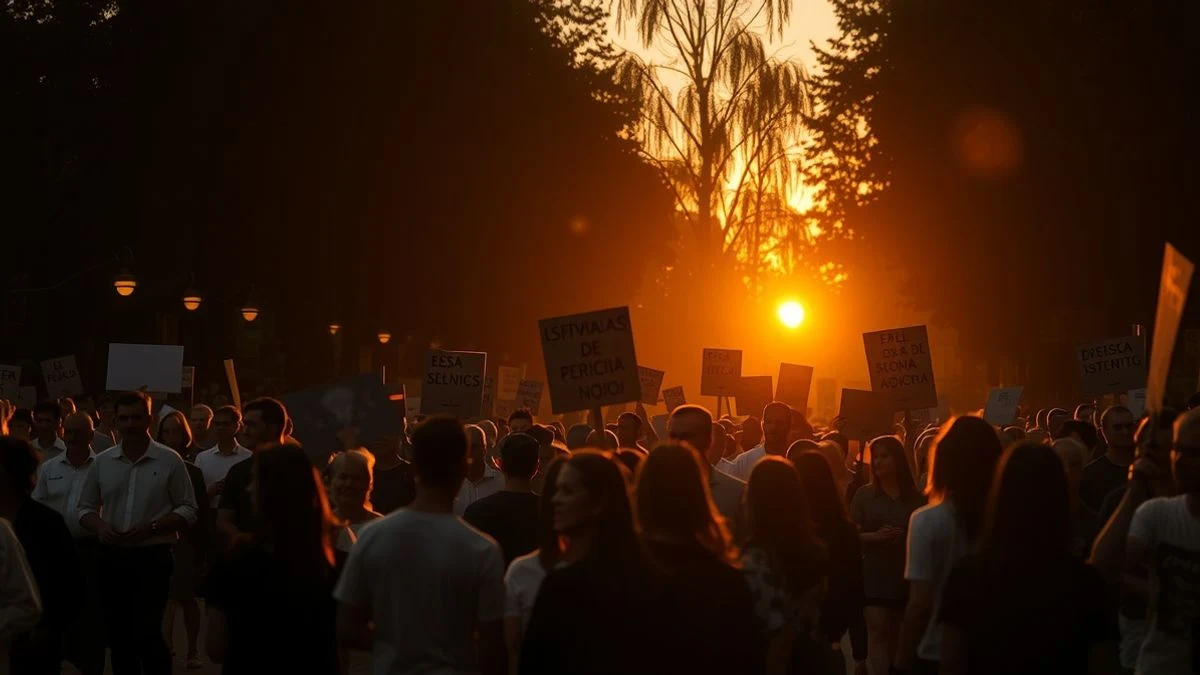 Imagen ilustrativa: vista cenital de una multitud reunida en una plaza al atardecer, con pancartas y sombras alargadas.
