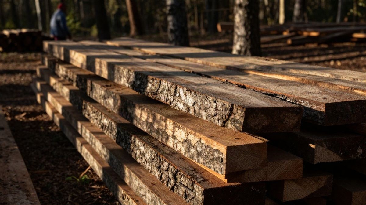 Illustrative image: stacked cork sheets in a forest clearing with sunset light