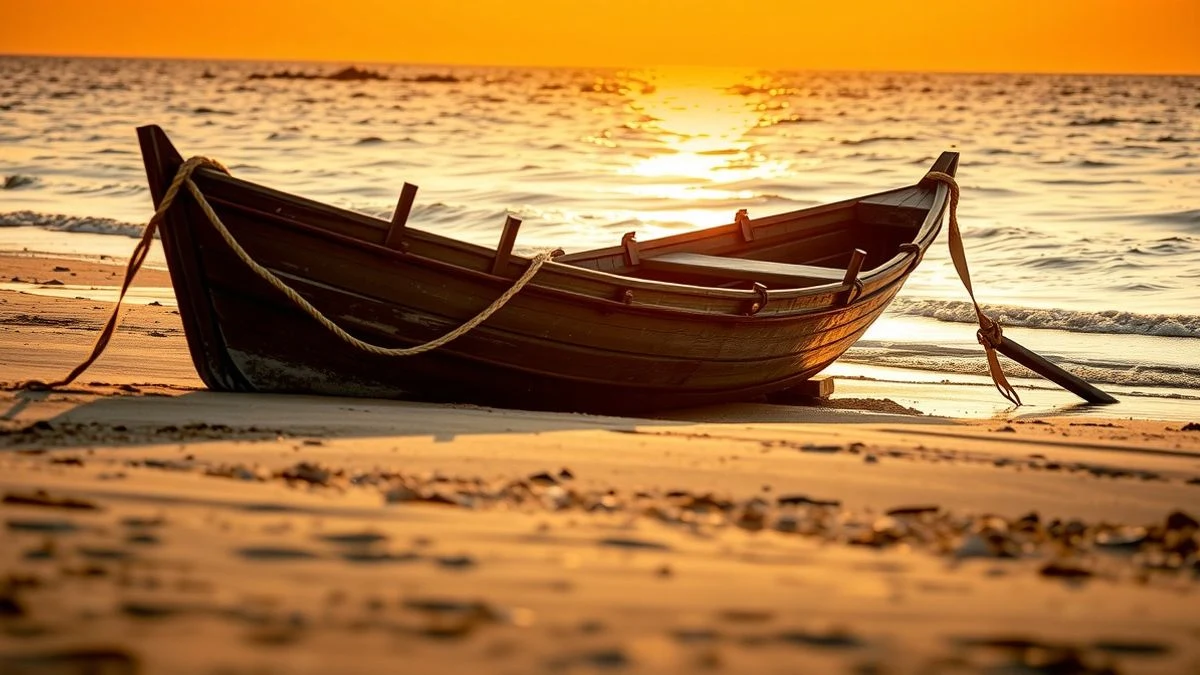 Illustrative image: a traditional jábega boat stranded on a beach at sunset, with the sea in the background and silhouettes of people.
