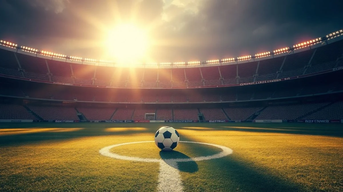 Empty football field with a ball in the centre of the circle, sunset light