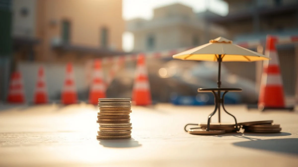 Illustrative image: stacked coins next to a terrace table model, with a blurred background of street works.