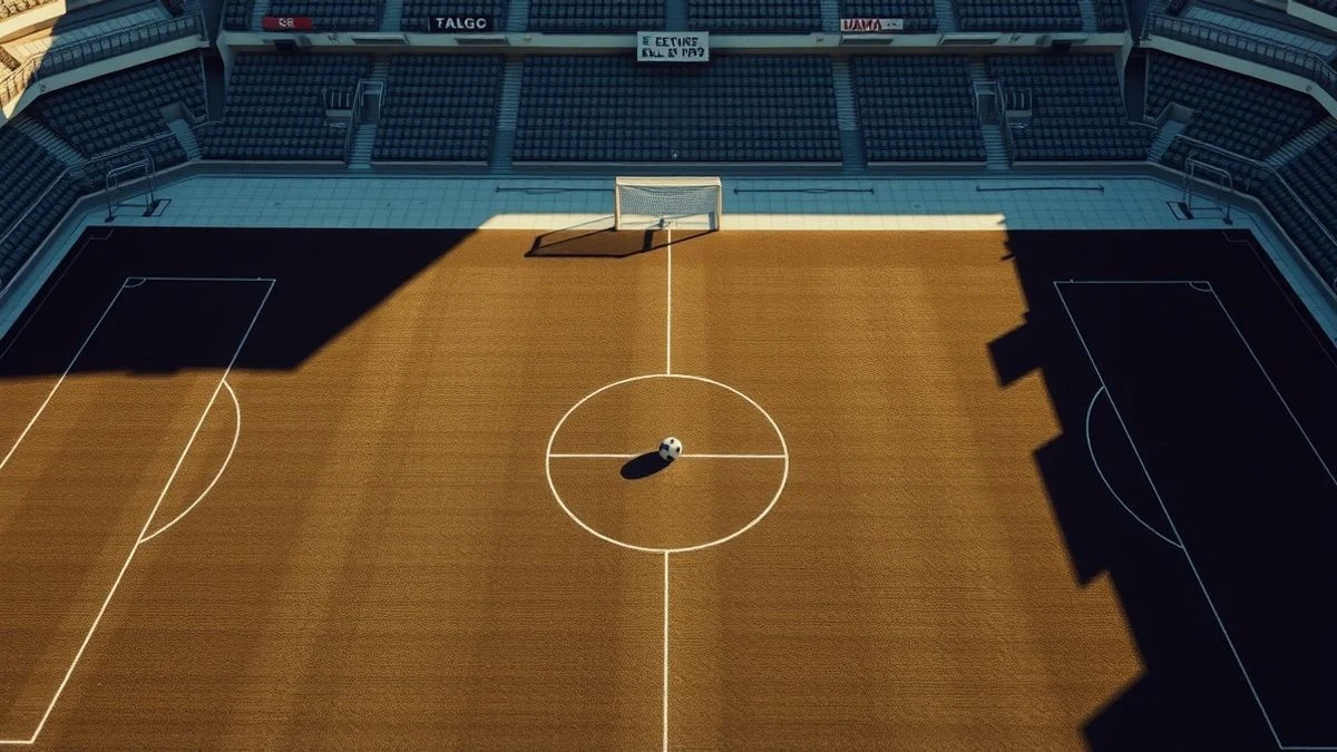 Vista cenital de un campo de fútbol vacío con un balón en el círculo central al atardecer