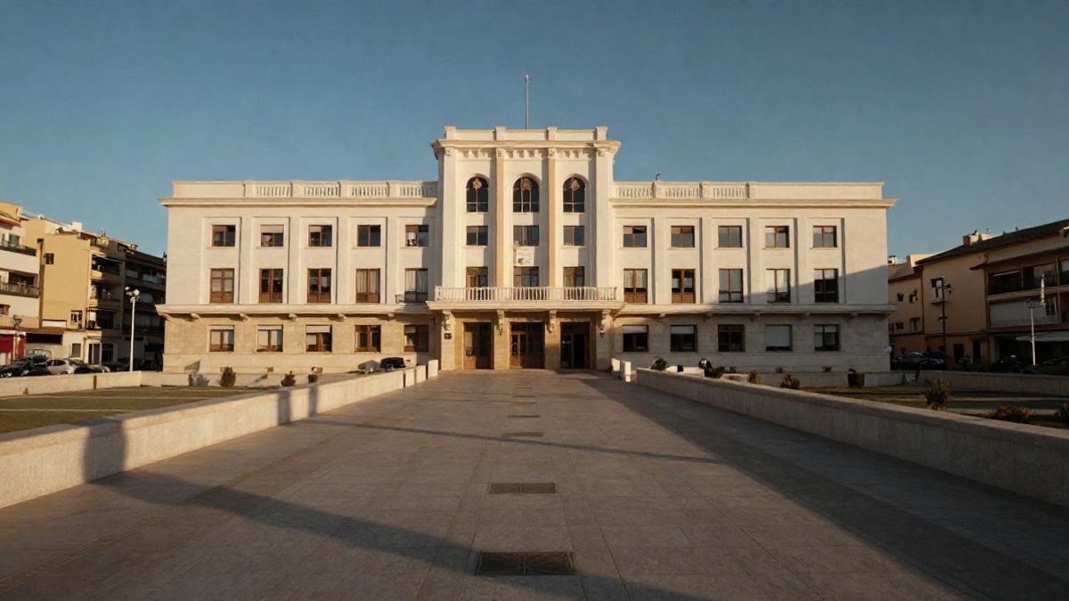 Illustrative image: wide-angle view of a modern town hall building with converging lines of a pedestrian boulevard