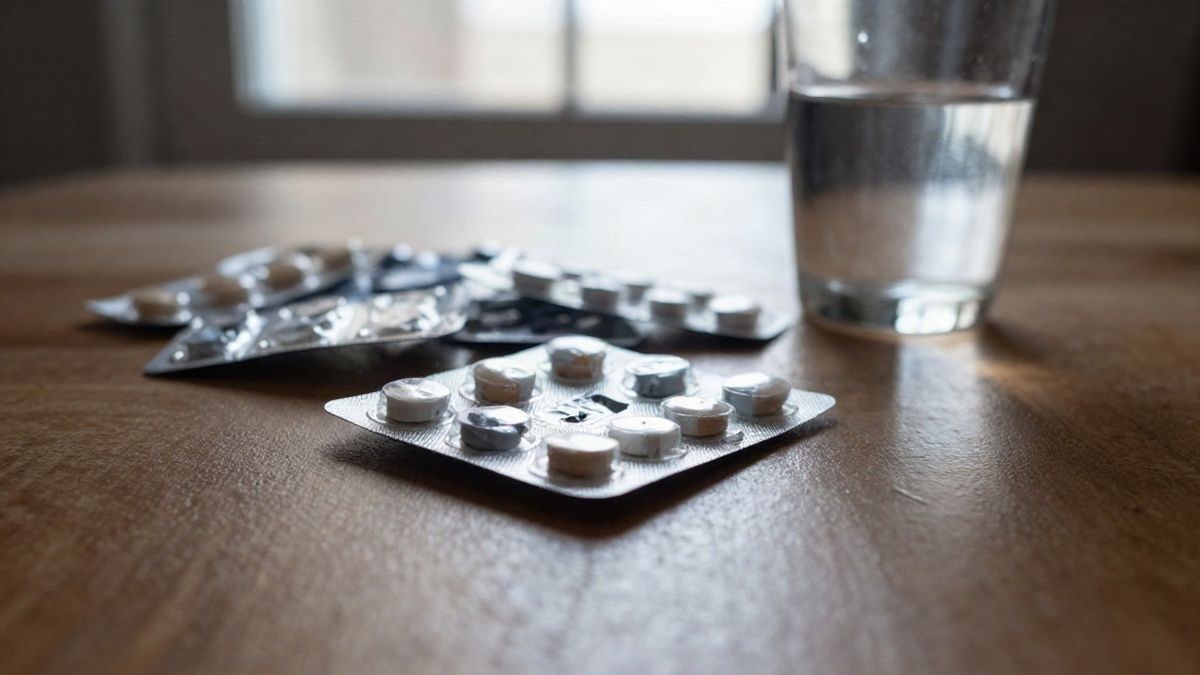 Imagen ilustrativa: detalle de una mesa de madera con blísteres de medicamentos y un vaso de agua