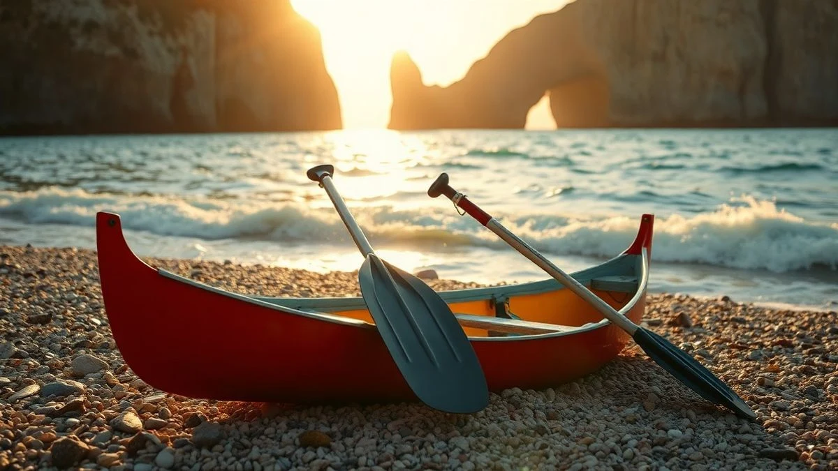 Imagen ilustrativa: un kayak solitario en una playa de piedras al atardecer, con acantilados al fondo.