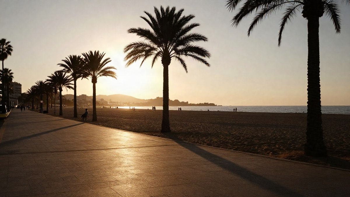 Imagen ilustrativa: paseo marítimo mediterráneo al atardecer con palmeras y siluetas de personas a lo lejos.