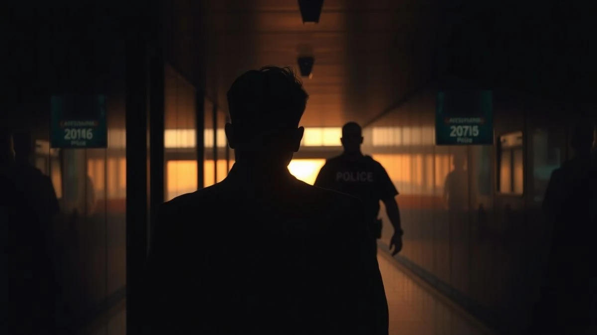 Illustrative image: an airport corridor at sunset with long shadows and a female silhouette from behind