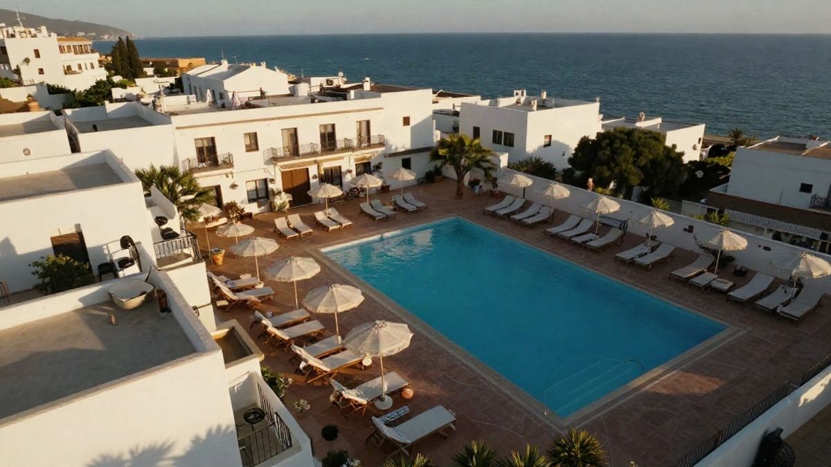 Imagen ilustrativa: vista cenital de una zona hotelera costera con piscina y tumbonas al atardecer