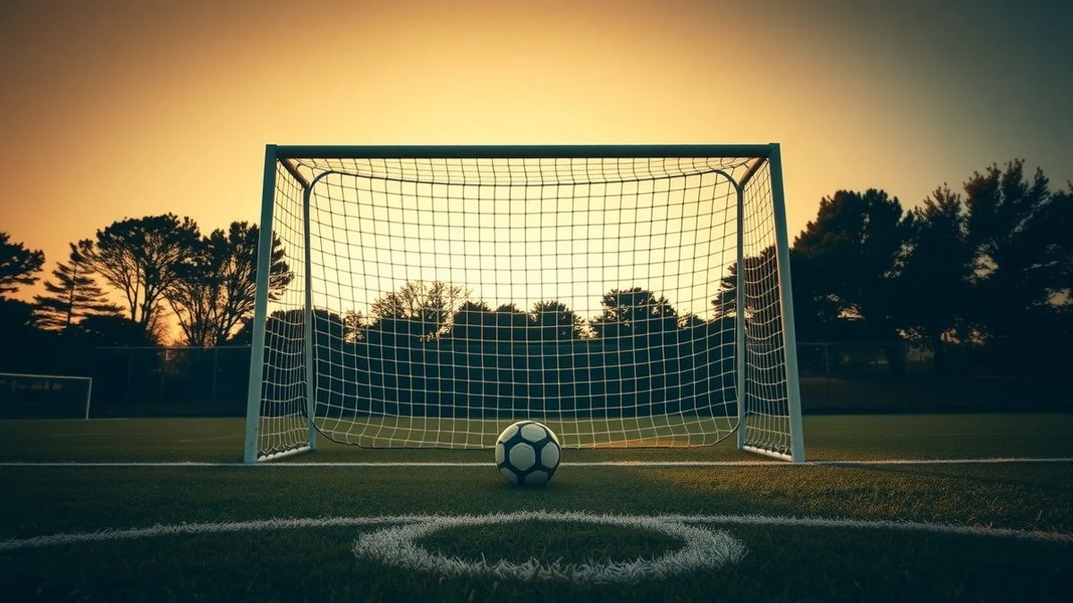Imagen ilustrativa: una portería de fútbol con red y un balón sobre el césped, con luz de atardecer.