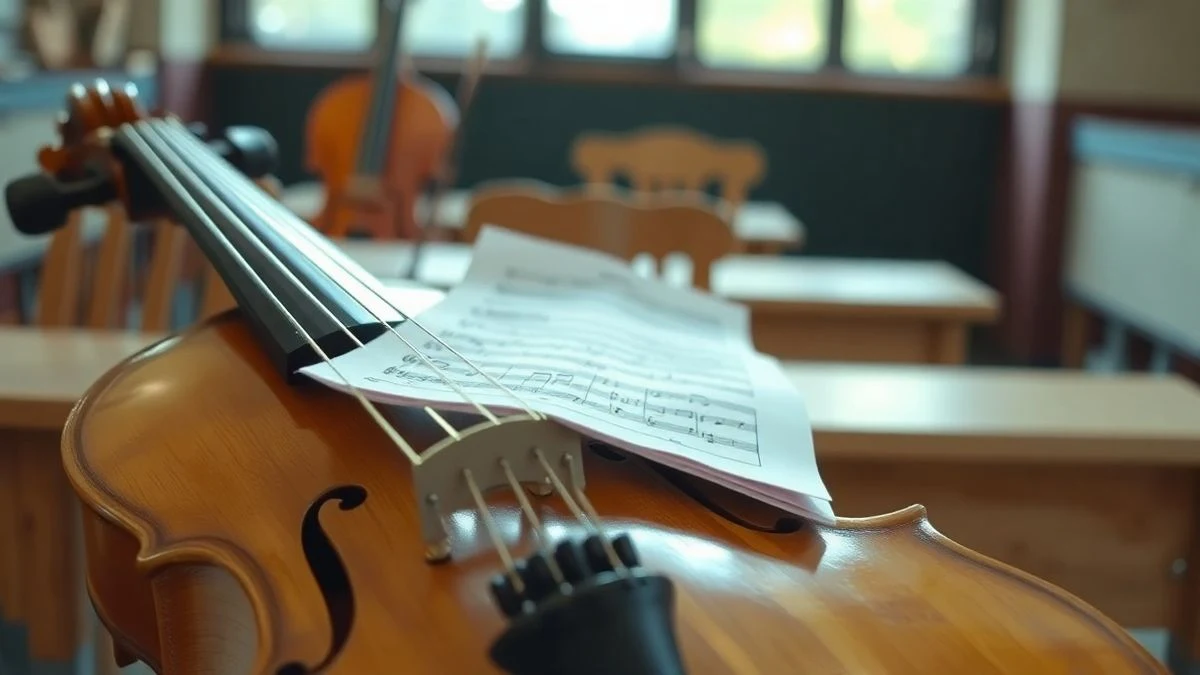 Imagen ilustrativa: un violín y una partitura sobre un atril en un aula de música, con fondo desenfocado.