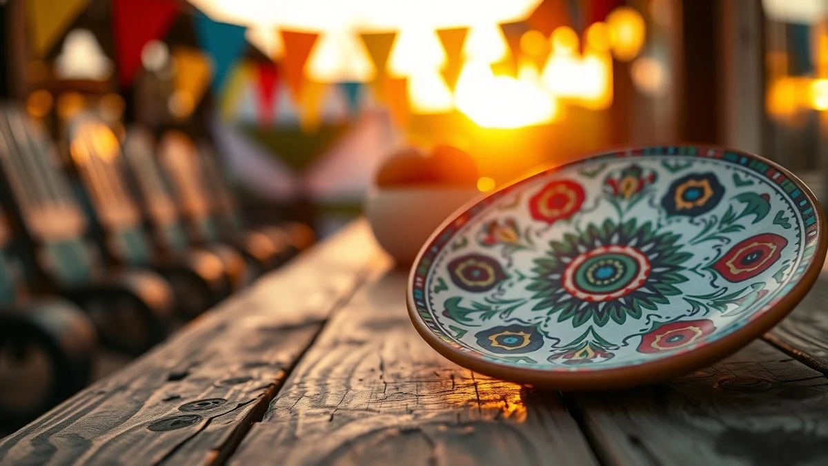 Primer plano de un plato de cerámica andaluza sobre mesa de madera, con luces de feria al fondo