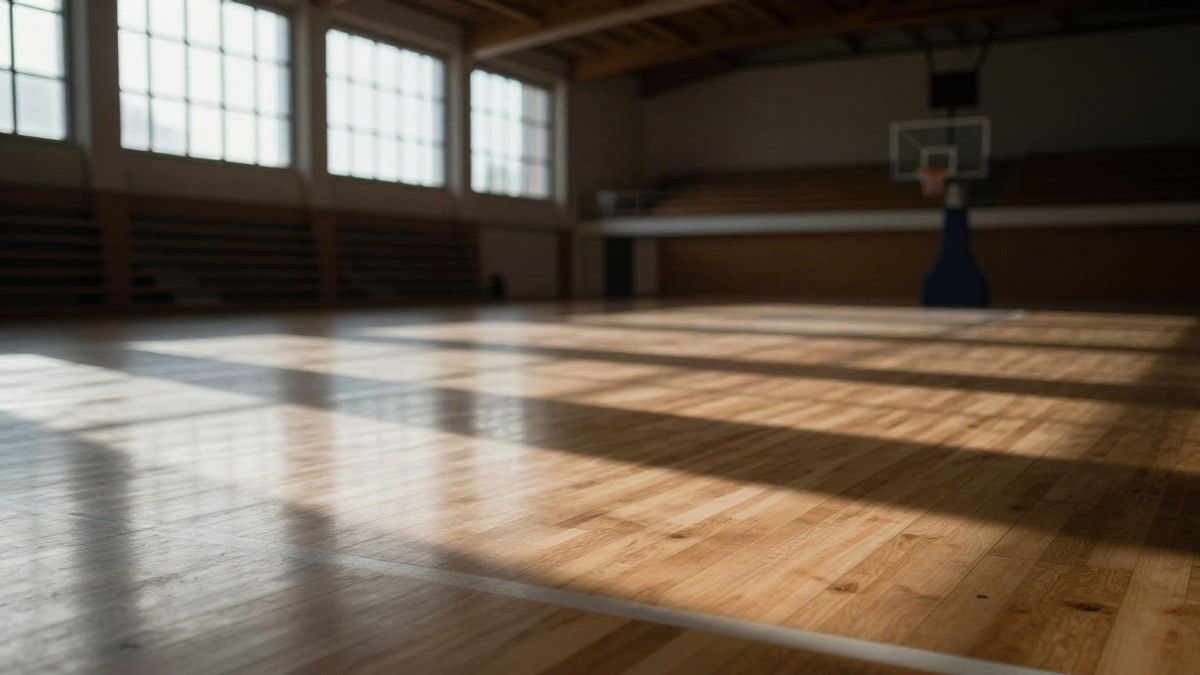 Imagen ilustrativa: interior de un pabellón deportivo vacío con luz de ventana lateral sobre la pista de madera