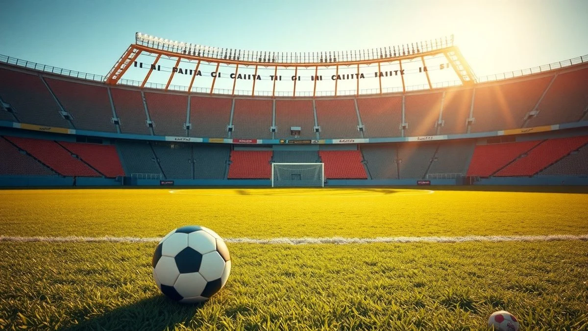Campo de fútbol vacío en un polideportivo municipal con un balón en el centro, al atardecer