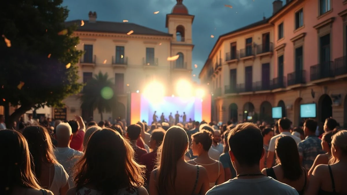 Imagen ilustrativa: multitud de espaldas ante un escenario iluminado en una plaza española durante un festival nocturno.