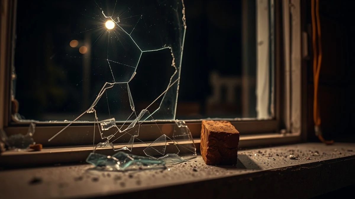 Illustrative image: a broken window with a brick on the ground, illuminated by a streetlight at night.